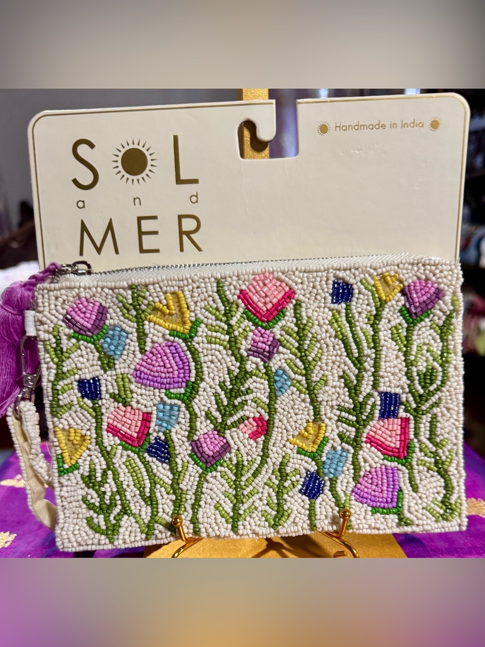 NWT Sol & Mer Beaded Wildflower Floral Wristlet Pouch Ivory